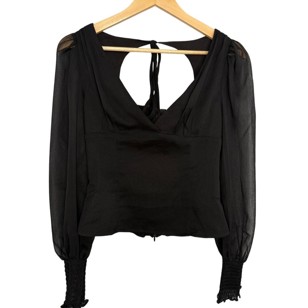 o.p.t Elegant Open Back Long Sheer Sleeve Blouse Black Minimalist XS